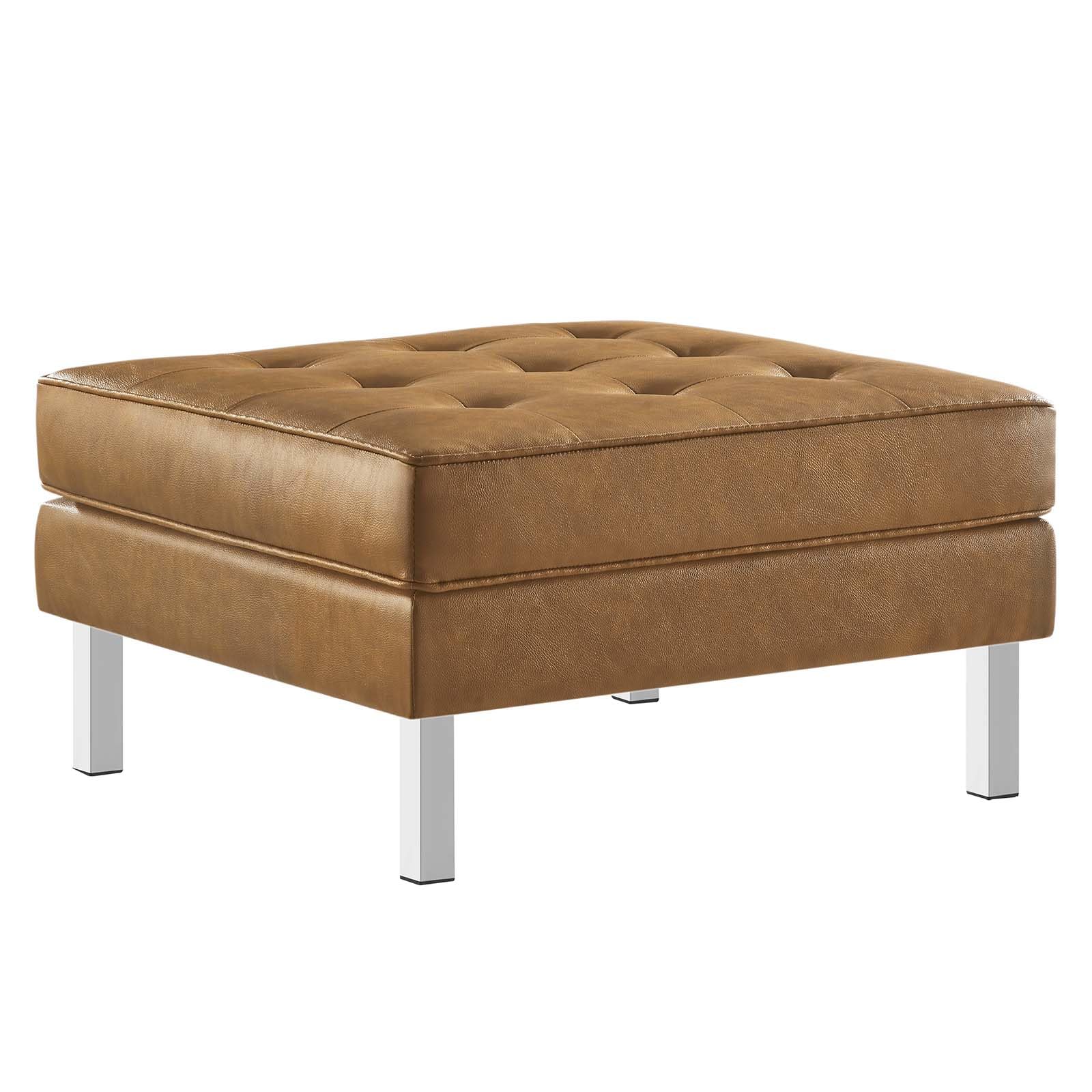 Modway Loft Tufted Button Faux Leather Upholstered Square Ottoman In Silver Tan